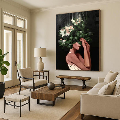 “Black, Green, White Floral Head ‘Botanical Elegance’” - Figurative Flower Painting On Canvas DTP323