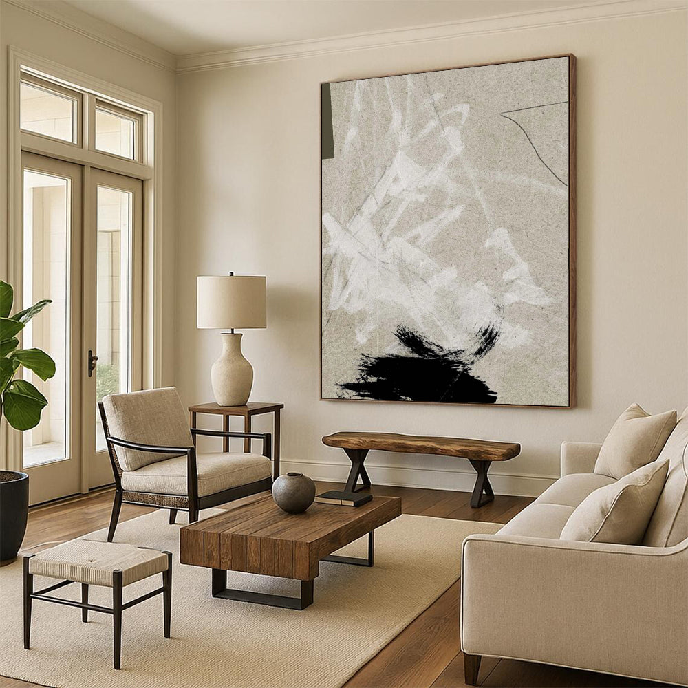 “Neutral Abstract Marks” - Beige, White, Black Abstract Painting On Canvas DTP237