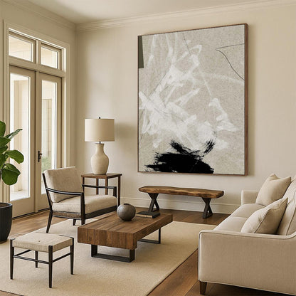 “Neutral Abstract Marks” - Beige, White, Black Abstract Painting On Canvas DTP237