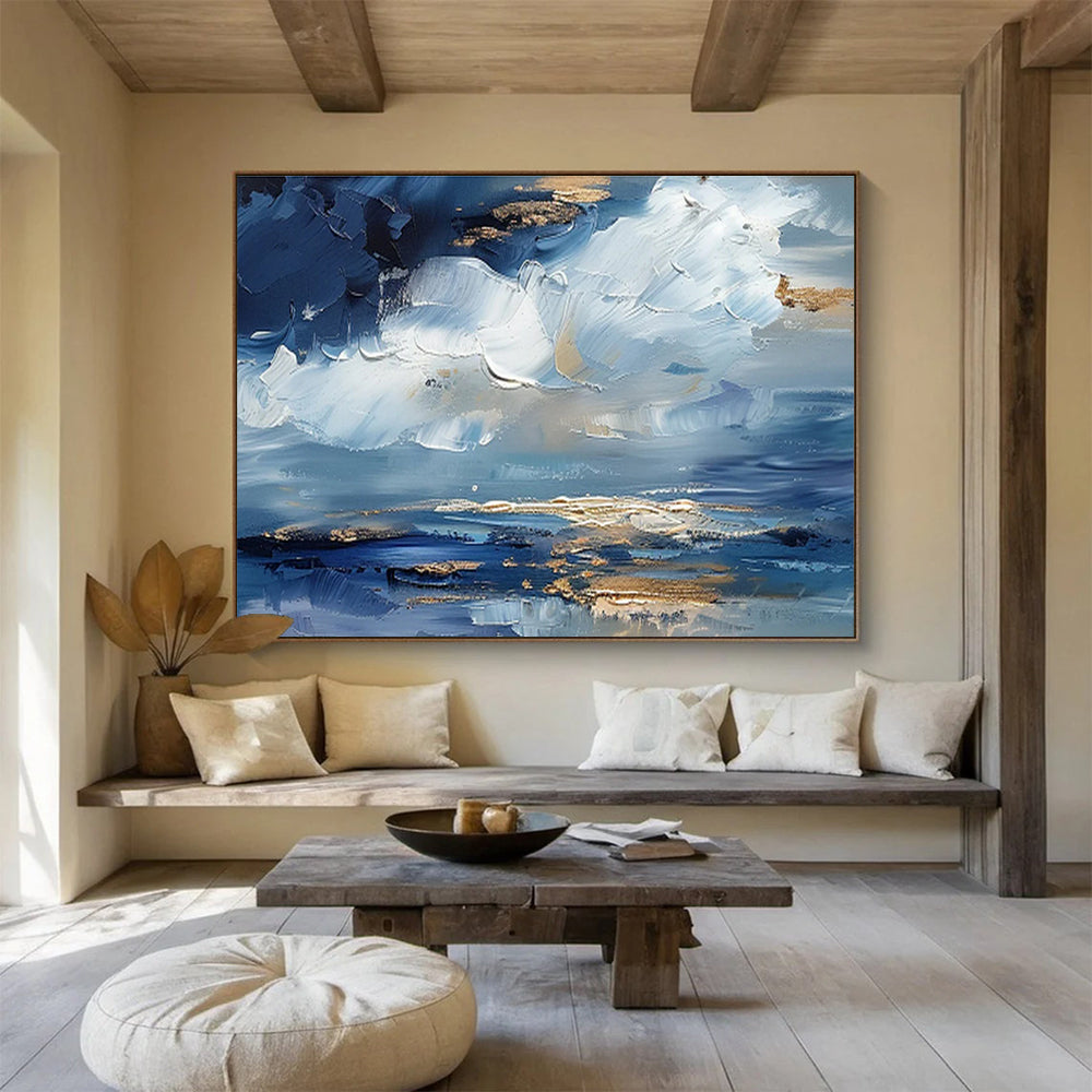 Blue - Gold Sky And Sea Painting On Canvas DKH684