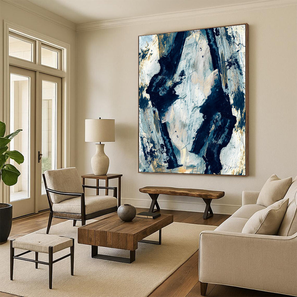 “Blue and Gold Abstract Forms” - Blue, Gold, White Abstract Painting On Canvas DTP244