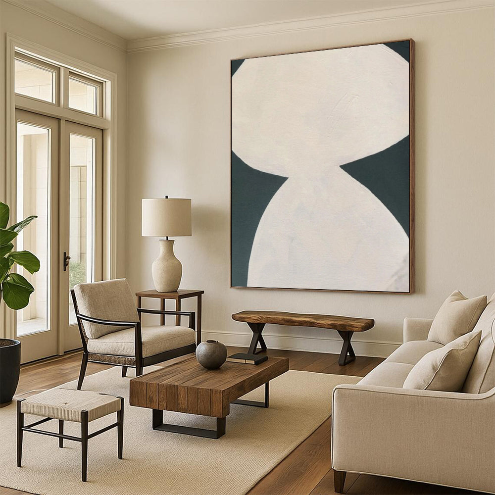 “White Hourglass - like Shape on Dark Background” - Minimalist Abstract Painting On Canvas DKH1081