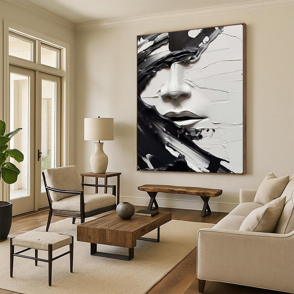 “Textured Black - and - White Face” – Abstract Impasto Portrait Painting On Canvas CT2134