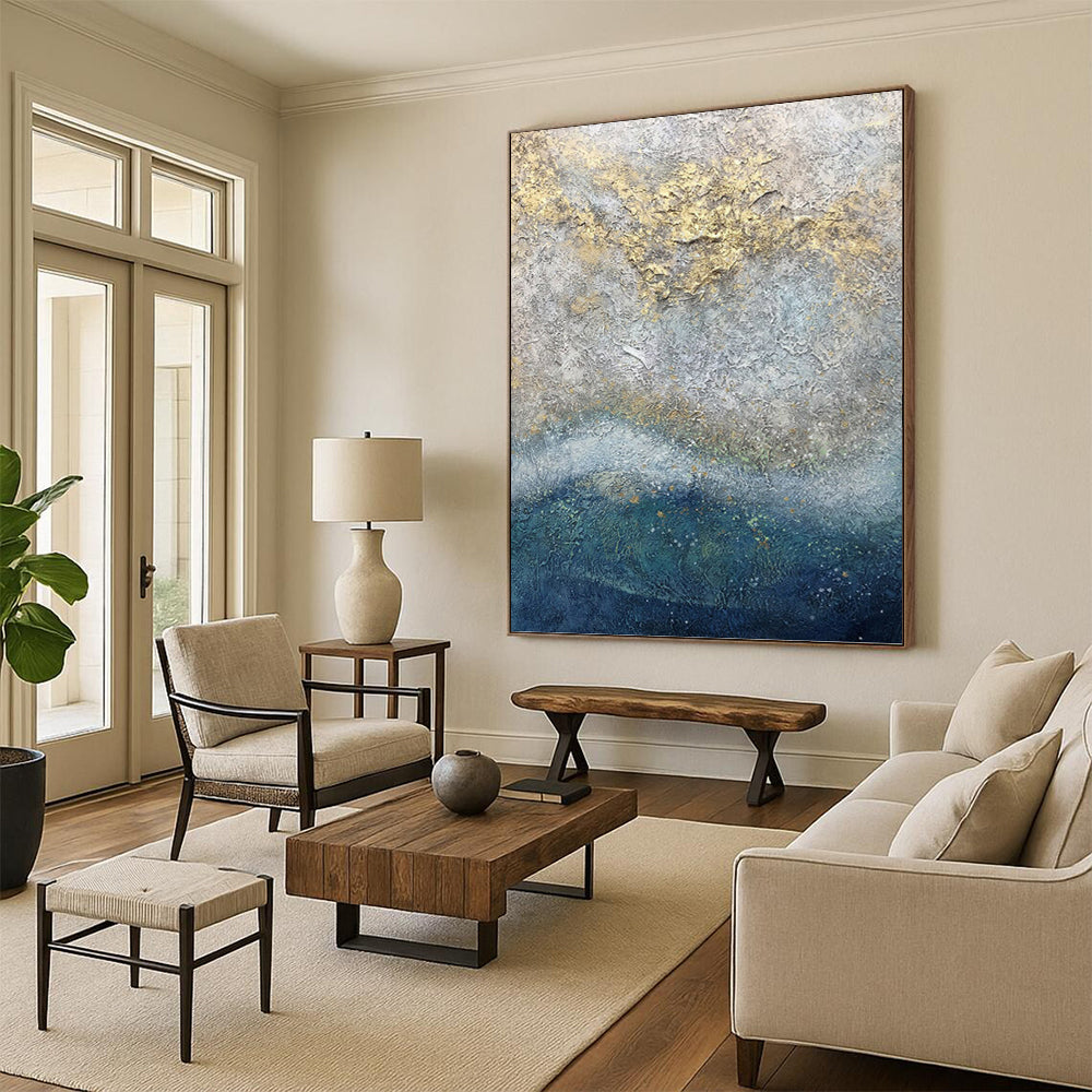 “Textured Gray - Gold Abstraction” - Gray, Gold & Blue Impasto Painting On Canvas DKH0958