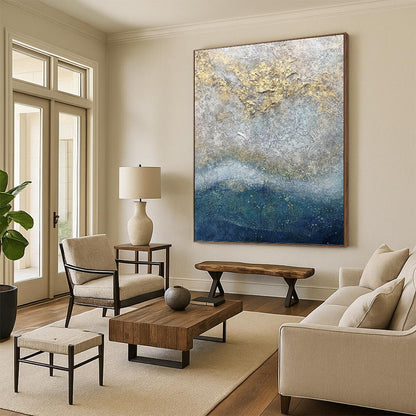 “Textured Gray - Gold Abstraction” - Gray, Gold & Blue Impasto Painting On Canvas DKH0958