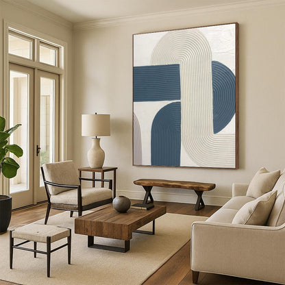 “Curved Harmony” - White & Blue Ribbon - like Shapes Painting On Canvas DKH1163