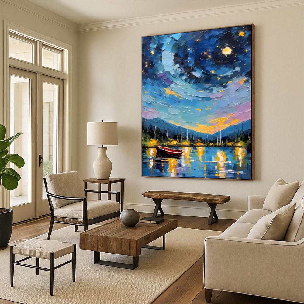 “Starry Night Harbor” - Impasto Landscape Oil on Canvas CT1886