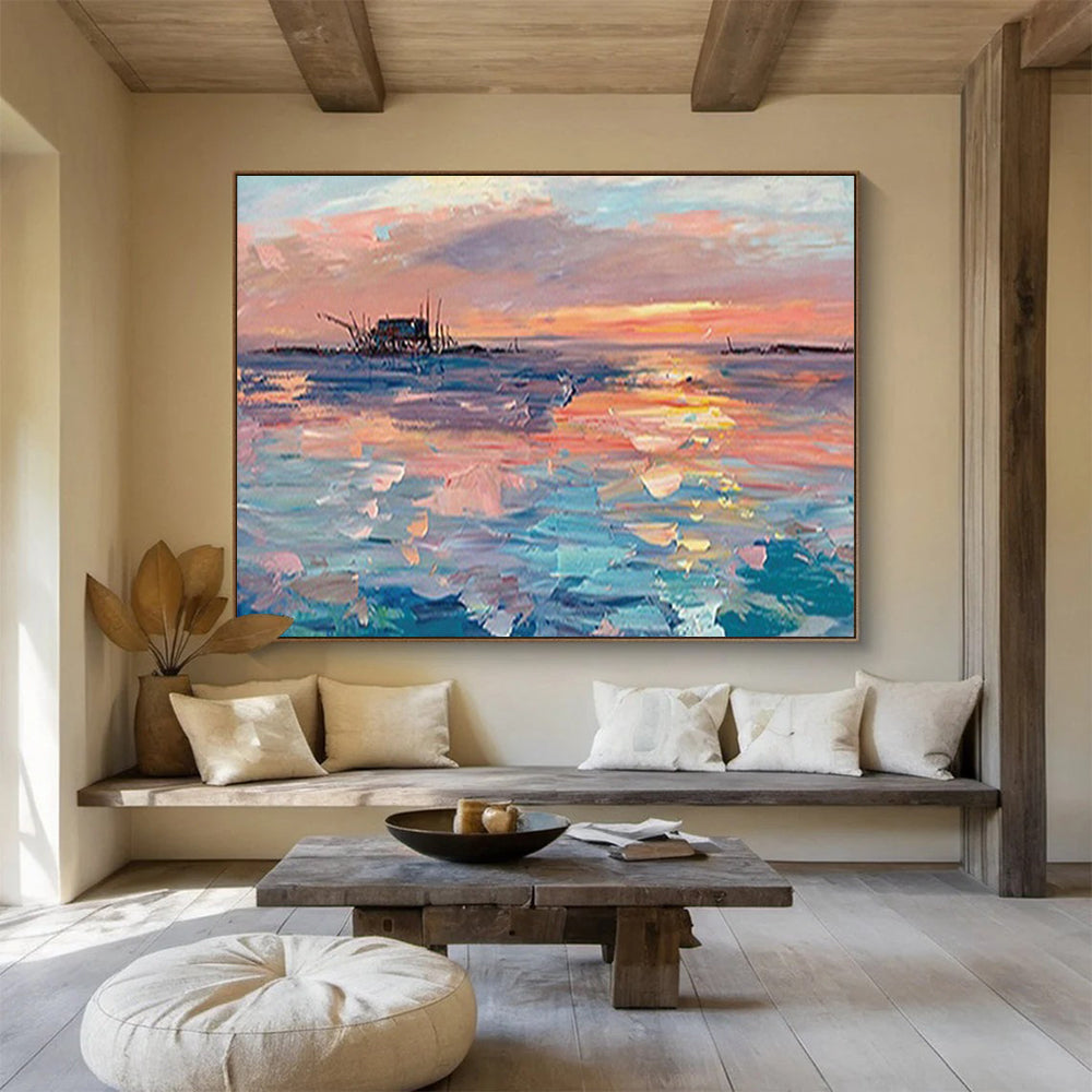 Sunset Over the Fishing Village - Impressionist Seascape Painting On Canvas DLZ205