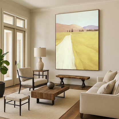 Yellow Field and Path in Soft Tones - Landscape Painting On Canvas DKH1415