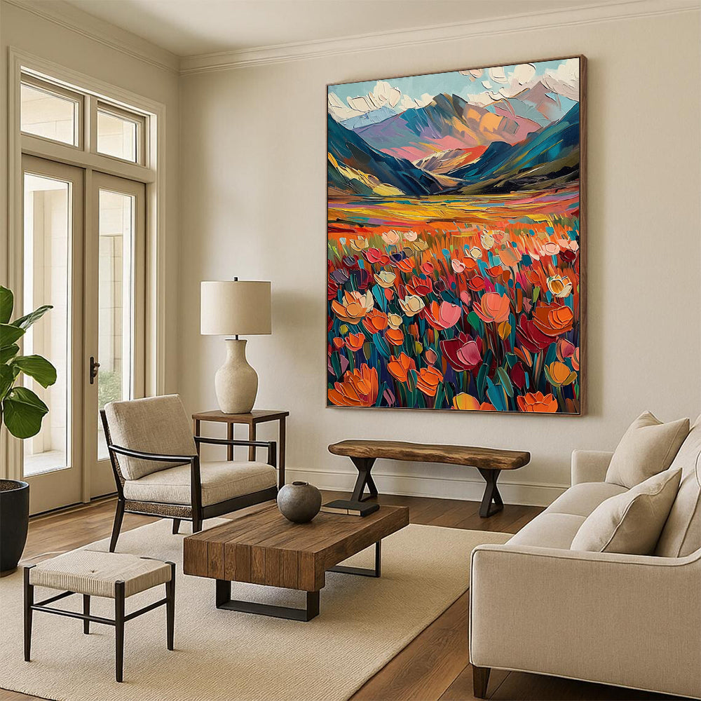 “Color - Burst Mountain Meadow with Vivid Florals” - Abstract Expressionist Landscape Painting On Canvas DKH1597
