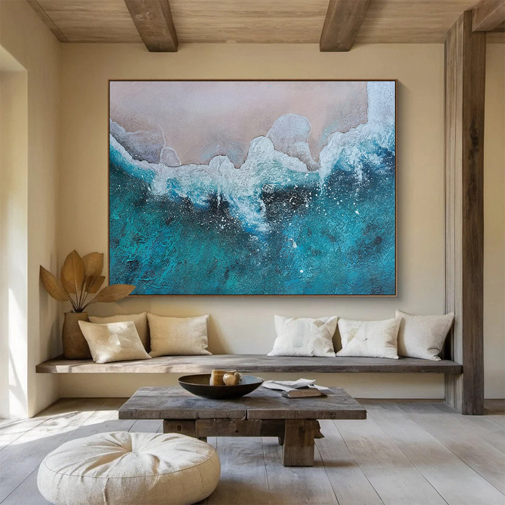 “Blue, White, Textured Shoreline ‘Aerial Beach View’” - Textured Seascape Painting On Canvas DLZ040
