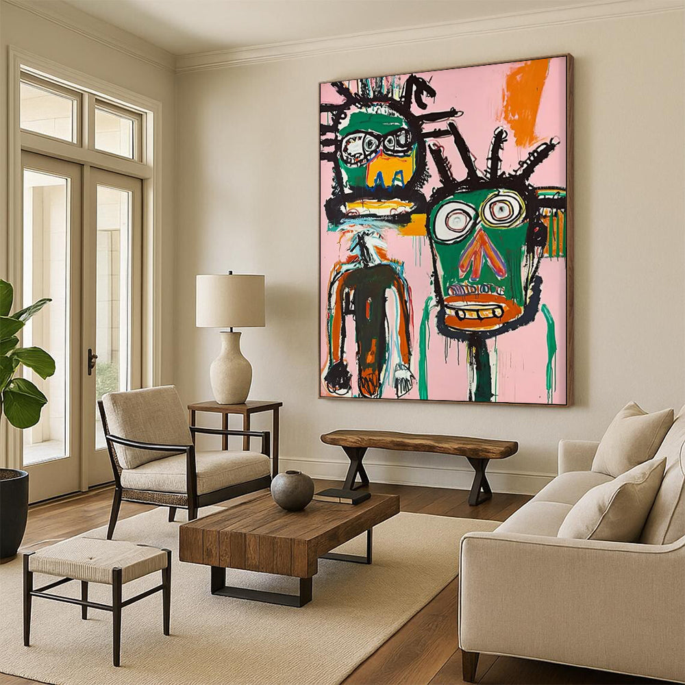 “Dual Tribal Figures on Pink” - Basquiat - Inspired Street Art Painting On Canvas DTP106