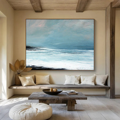 “Light Blue, White, Calm Ocean ‘Serene Seaside Hush’” - Minimalist Seascape Painting On Canvas DLZ032