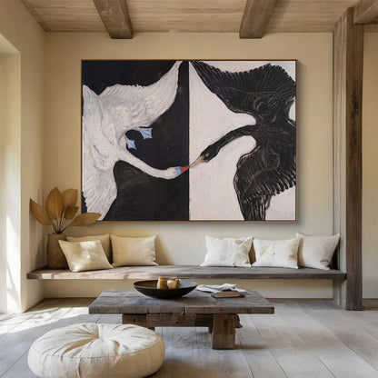 Black and White Swans “Contrasting Avian Encounter” Painting On Canvas DKH125