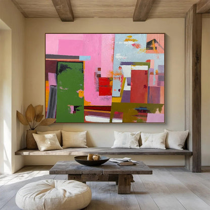 “Pink, Green, Color - Blocked ‘Vibrant Architecture’” - Abstract Cityscape Painting On Canvas DLZ013
