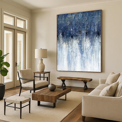 “Dripping Blues” - Blue & White Abstract Vertical Streaks Painting On Canvas DKH1537