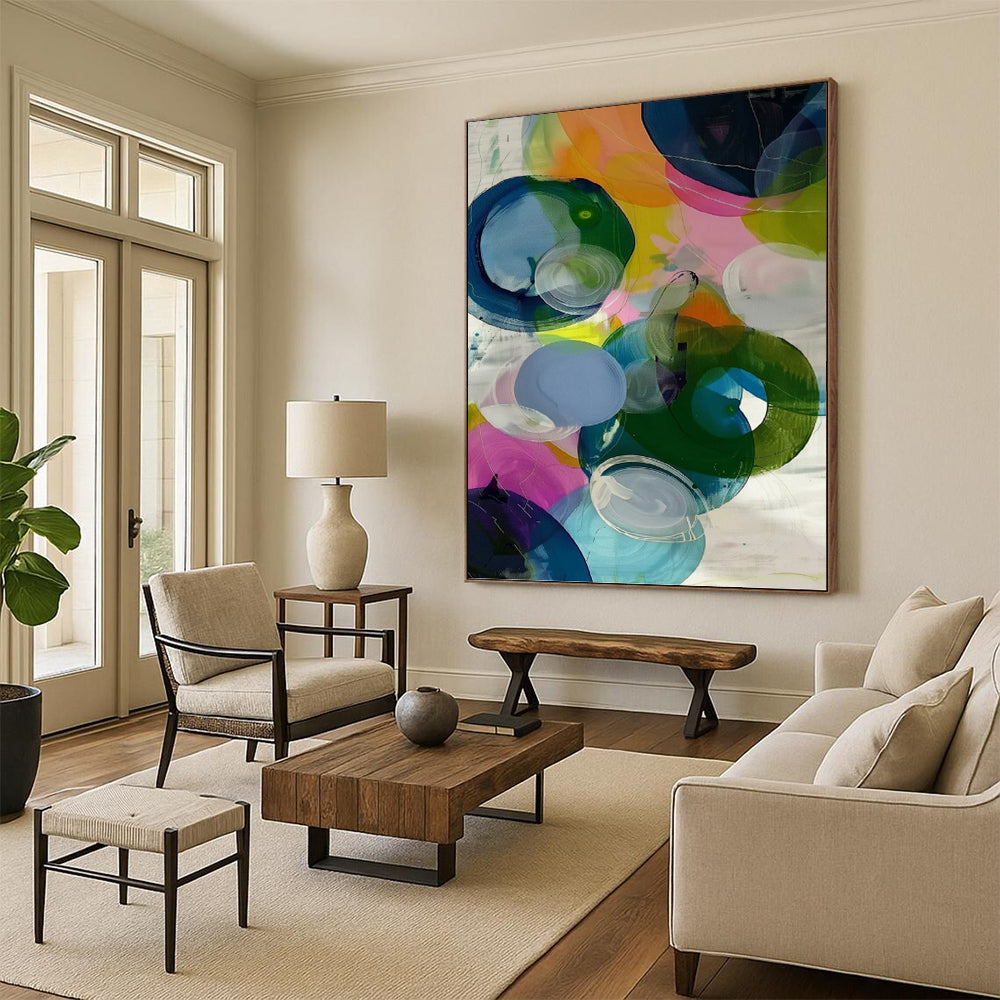 “Translucent Colorful Circles” - Multicolor Abstract Stained - Glass - Like Painting On Canvas DKH0999