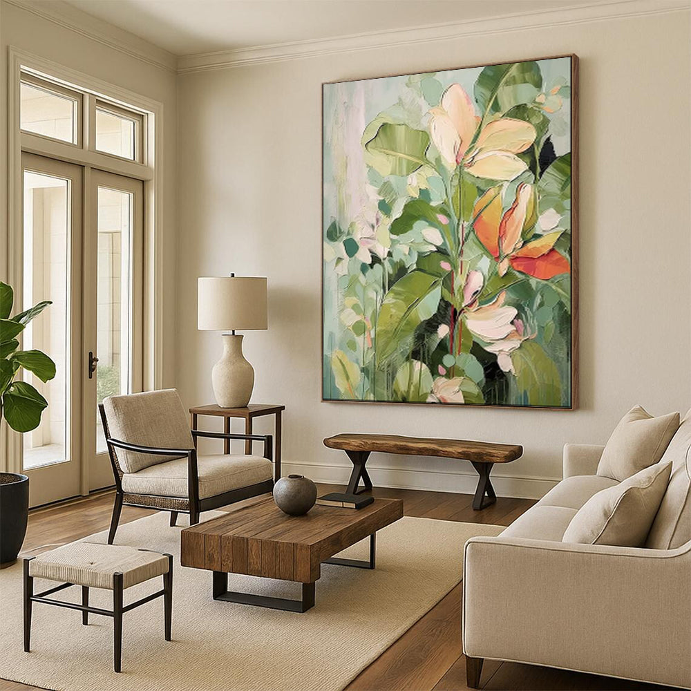 “Blush Blooms & Verdant Leaves” - Floral Acrylic on Canvas CT1873