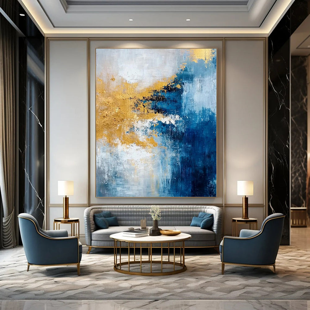 “Blue, Gold, White Colliding Waves” – Vibrant Abstract Art CT1009