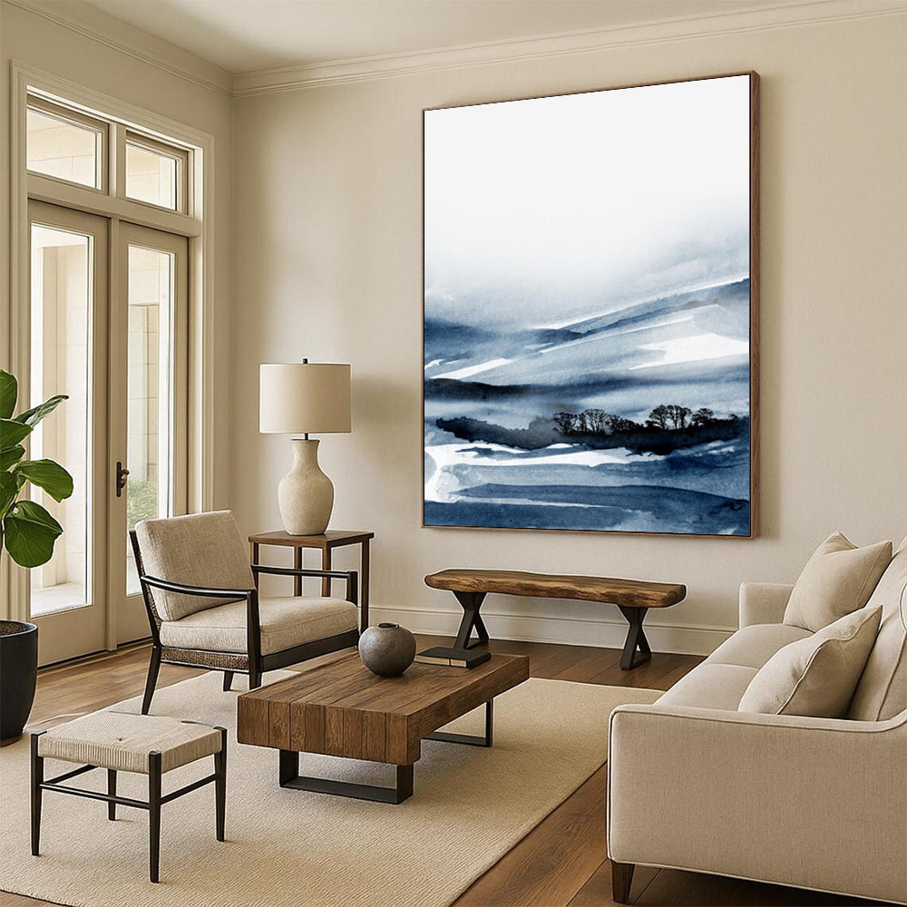 “Blue - White Ink Landscape” - Blue, White Abstract Landscape Painting On Canvas DTP231