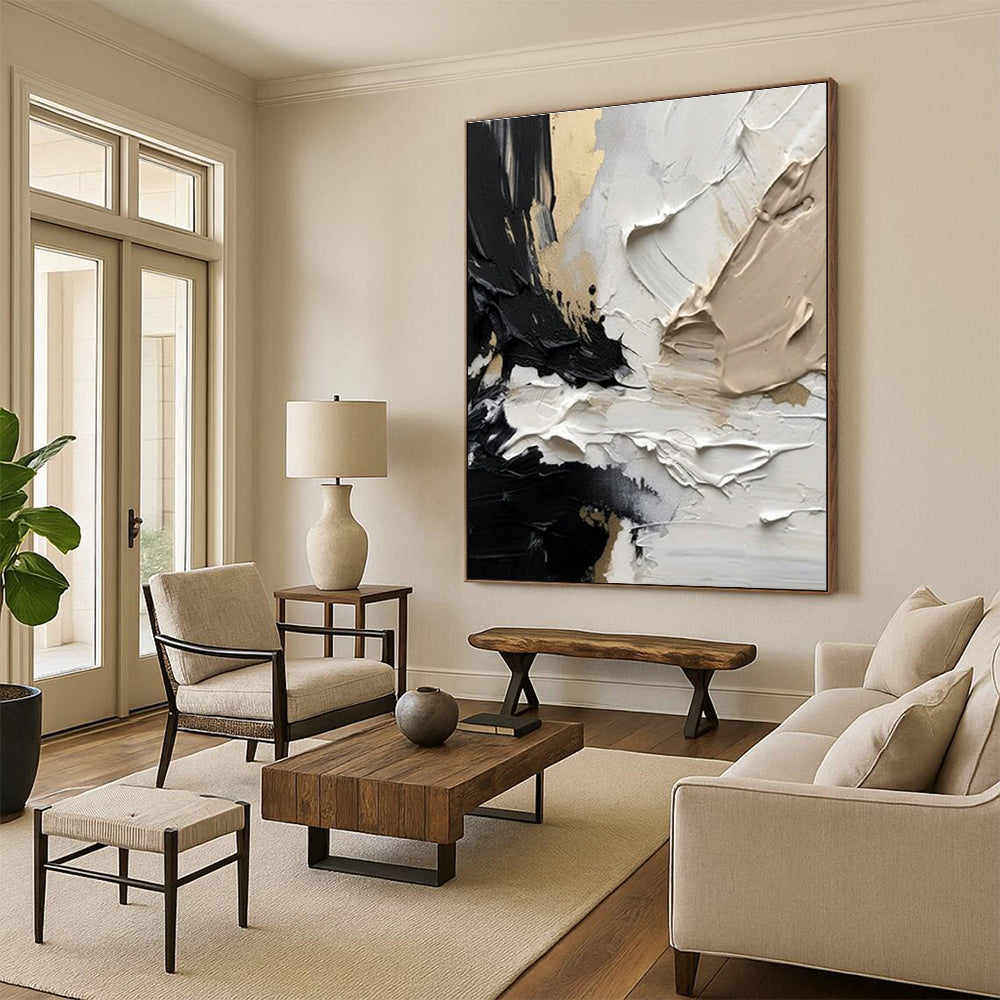 Black, White & Gold Textured Swirls, “Elegant Turmoil” - Abstract Acrylic Painting CT0715