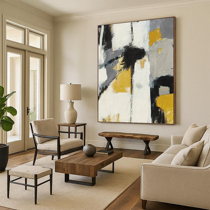 “Bold Neutrals” - Gray, Yellow, Black & White Abstract Block Painting On Canvas DKH1525