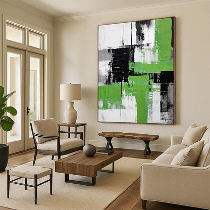 Black, White & Green Abstract - Color - Block Abstract Painting On Canvas CT2267