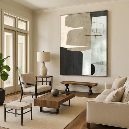 “Neutral Geometric Collage” - Modernist Abstract Painting On Canvas DTP158