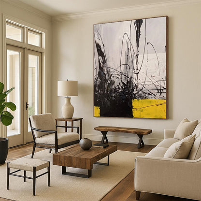 “Black - White - Yellow Abstraction” - Abstract Expressionist Painting On Canvas DTP053