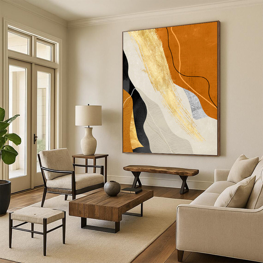 “Golden Flow” - Orange, Gold & Neutral Abstract Curves Painting On Canvas DKH1517