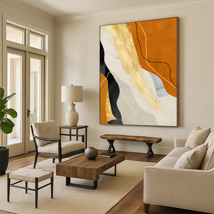 “Golden Flow” - Orange, Gold & Neutral Abstract Curves Painting On Canvas DKH1517