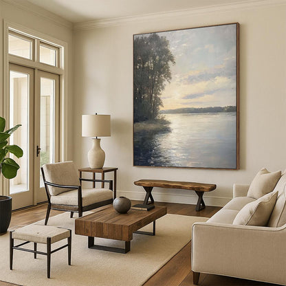 “Sunset Serenity: Lakeside Pines” - Realist Landscape Oil on Canvas CT1875