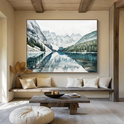 Blue and White Mountain Lake Reflection - Realist Landscape Painting On Canvas DLZ221