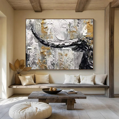“Black, White & Gold Textured Bull” Abstract Animal Painting On Canvas DKH336