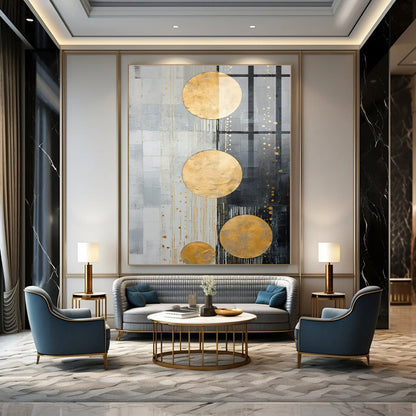 Grey - Gold Geometry - Abstract Decorative Mixed - Media Art CT1241