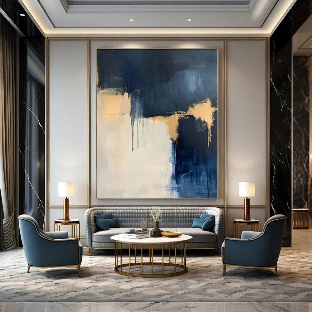 Navy, Gold & White Layers - Abstract Expressionist Acrylic On Canvas CT1310