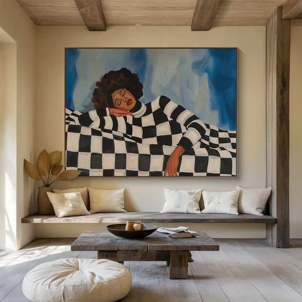 Woman on Checkered Couch Serene Portrait Painting On Canvas DKH225