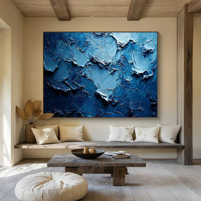 “Cobalt Textured Waves” - Blue, Dark Blue Impasto Abstract Painting On Canvas DKH758