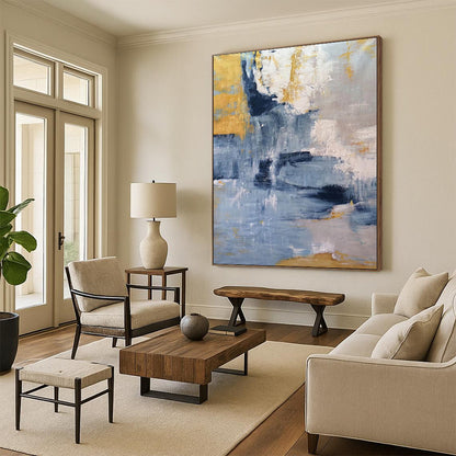 “Blue - Gold Abstract Cascade” - Blue, Gold, Gray Abstract Painting On Canvas DTP253