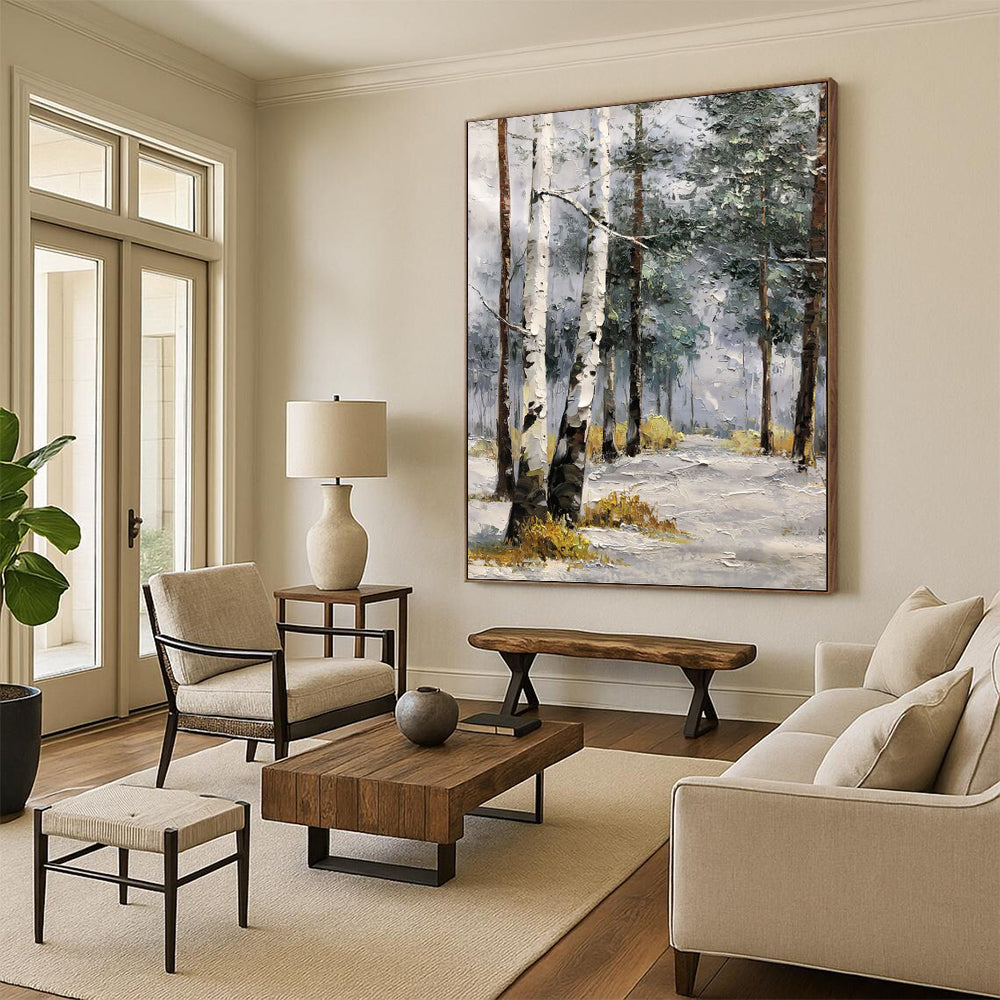 Frosty Forest Path in Cool Tones - Winter Landscape Painting On Canvas DKH1283