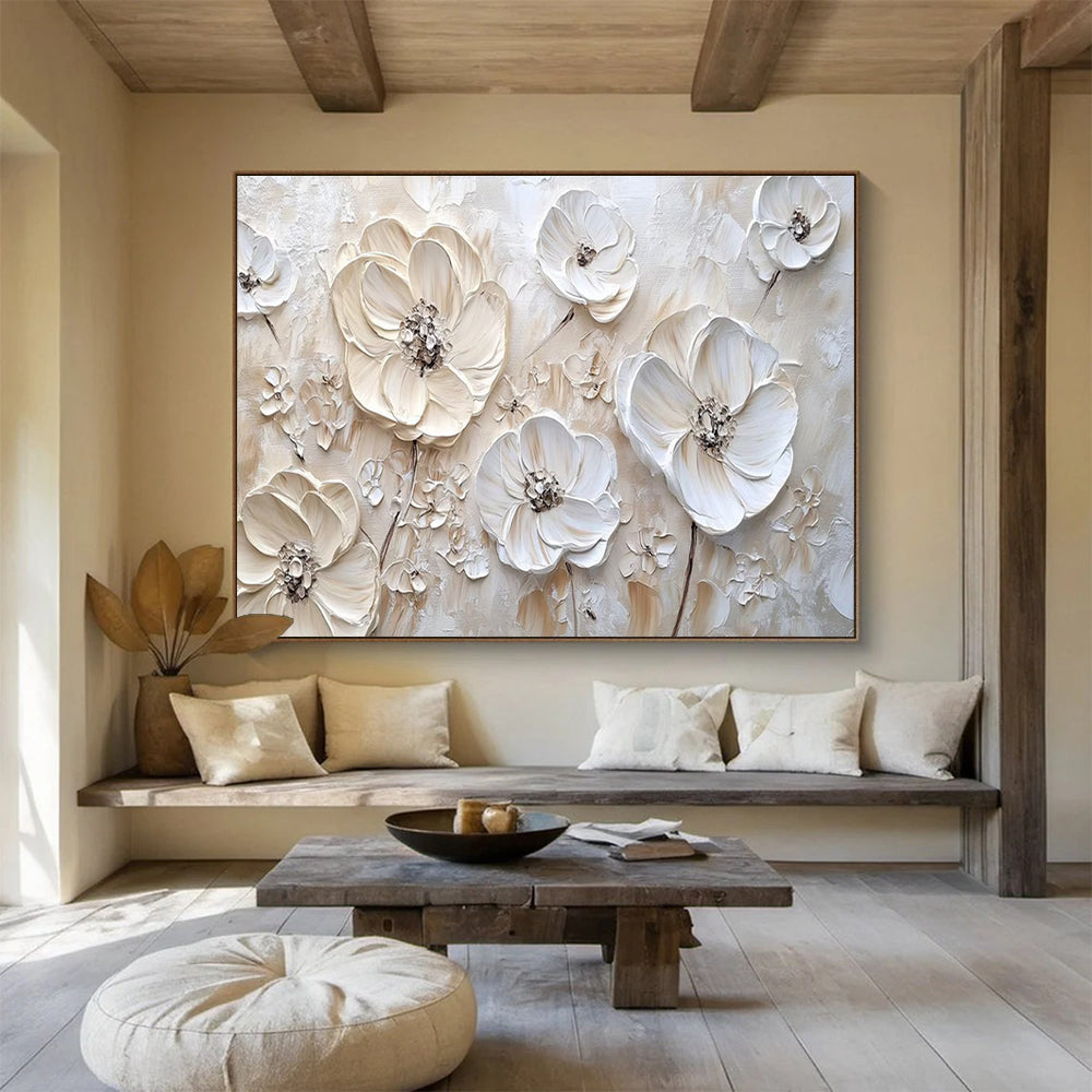 3D White Flowers - Beige & White Floral Painting On Canvas DKH906