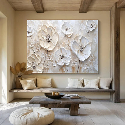 3D White Flowers - Beige & White Floral Painting On Canvas DKH906