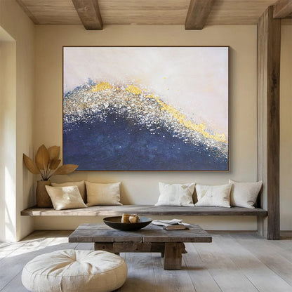 “Gilded Ocean Wave” - Navy, Gold & White Textured Abstract Painting On Canvas DLZ268