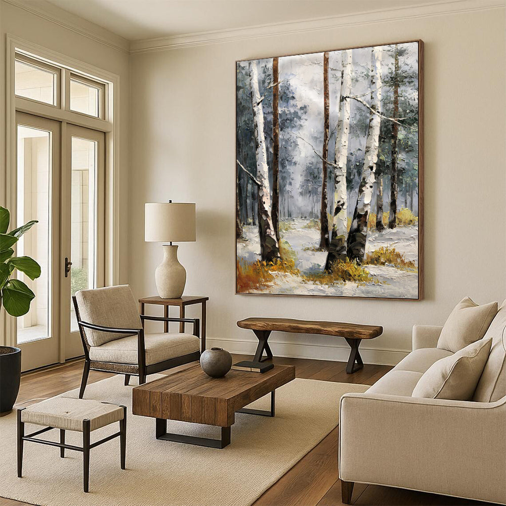 Snowy Birch Forest in Gray and White - Landscape Painting On Canvas DKH1276