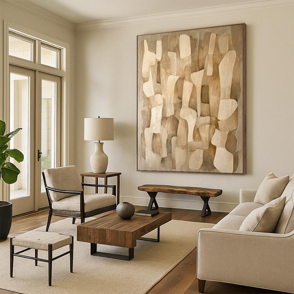 “Beige Abstract Shapes” - Modernist Geometric Painting On Canvas DTP021