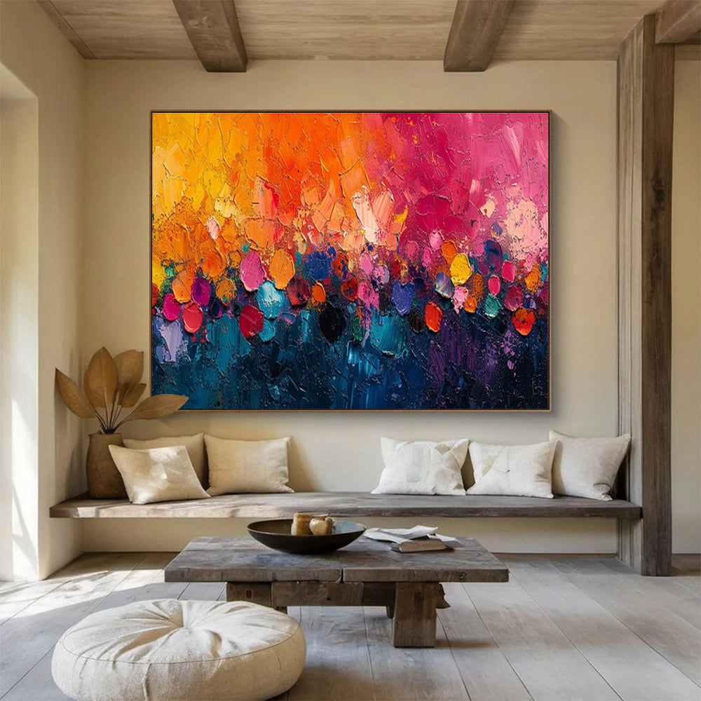 “Colorful Dusk Carnival” - Orange, Pink, Blue Abstract Impasto Painting On Canvas DKH710