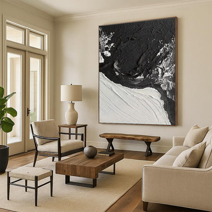 Black - White Textured Contrast, “Night & Ice” - Abstract Textured Acrylic Painting CT0735