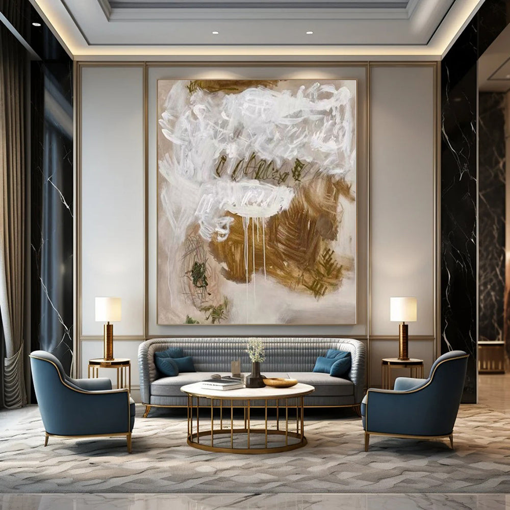 “Expressive Beige - White Abstract” – Abstract Expressionist Painting CT1085