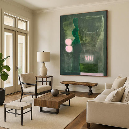 Green, Grey, Pink Accents - "Mystic Stillness" - Abstract Surrealist Painting CT1846