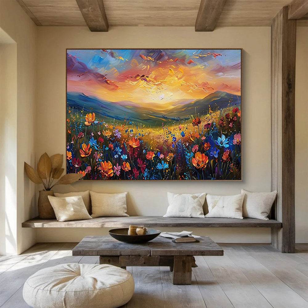 “Sunset Wildflower Valley” - Vibrant Landscape Painting On Canvas DKH837